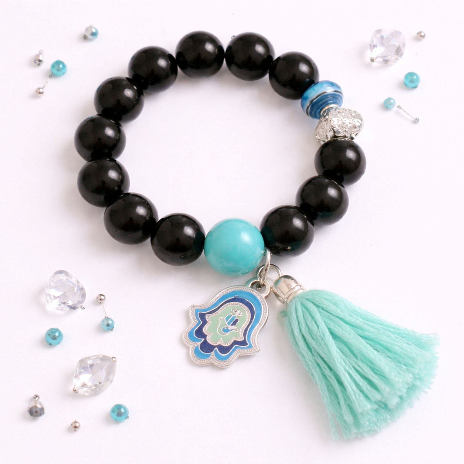 Spring Street Black And Turquoise Beaded Hamsa Stretch Bracelet 12$
